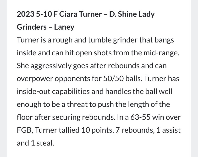 Congratulations <a href="/CiaraJTurner13/">Ciara Turner</a> on a great showing this weekend. Coaches check her out. Very strong athletic build. Nice outside shot, strong PF <a href="/CoachTeeJenkins/">Terrence Jenkins</a> @MrBigShot_Bland  <a href="/K_Towns11/">KāVonne Towns</a> <a href="/ASeberger22/">Alison Seberger</a> <a href="/CoachKate_18/">Kate Robinson</a> <a href="/Coachvryan/">Veronica Ryan</a> <a href="/Coach_J_Ashley/">Josh Ashley</a> @b_guy34 <a href="/xocoachtee/">xoCoachToccara</a> <a href="/Miles_wbb/">Miles WBB</a>
