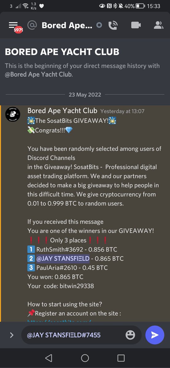 jaystansfield's tweet photo. Whoa! This looks like a legit @BoredApeYC Discord message ! Shall I click the link??
#notBAYC #scammers https://t.co/4tq8LCJBfQ
