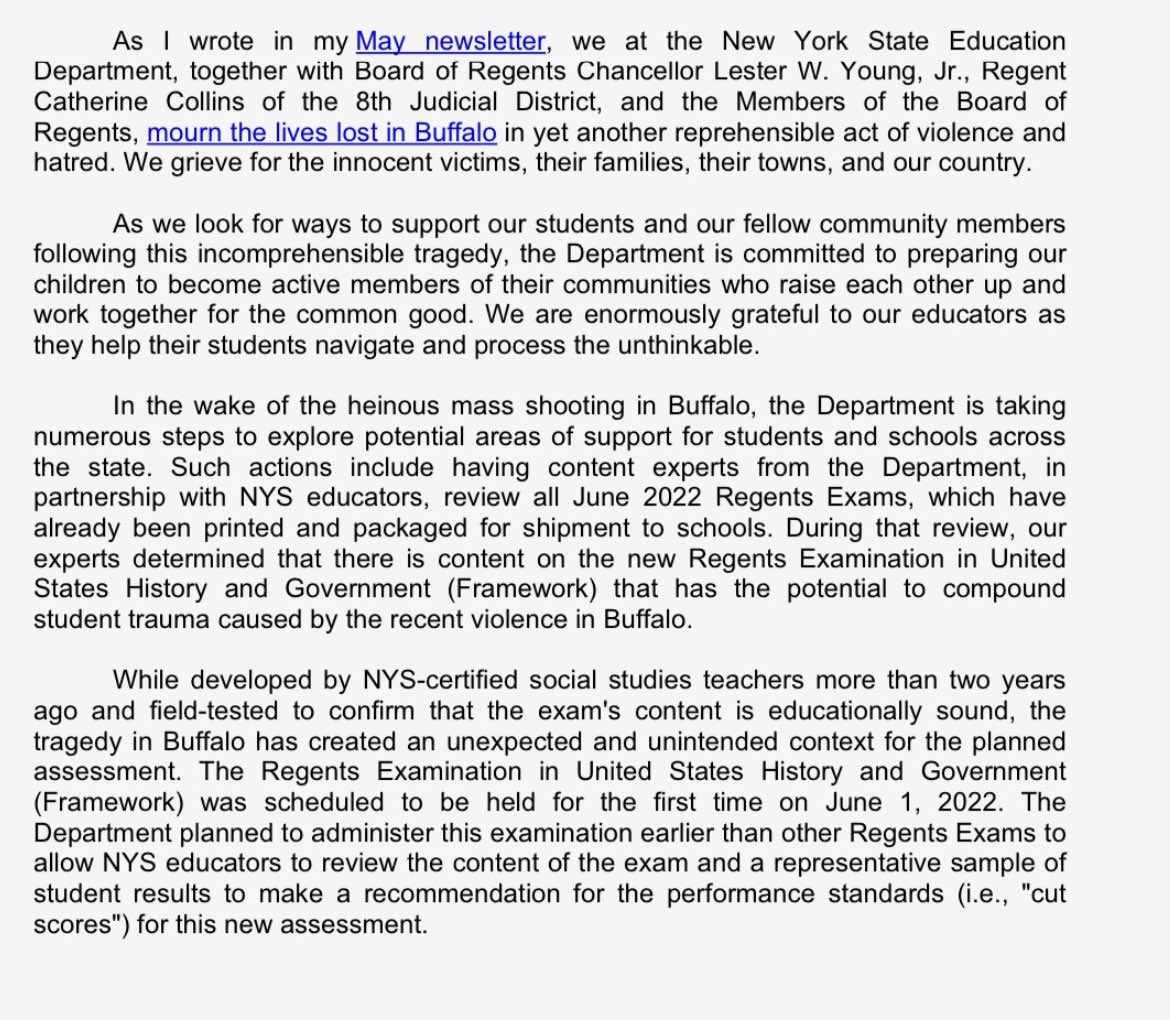 saribethrose's tweet photo. The NYS U.S. History Regents exam scheduled for June 1st has been cancelled! The reason: in the wake of the racist mass shooting in Buffalo, there is triggering content on the test…

From the State Education Department: https://t.co/tSN13BBnSm