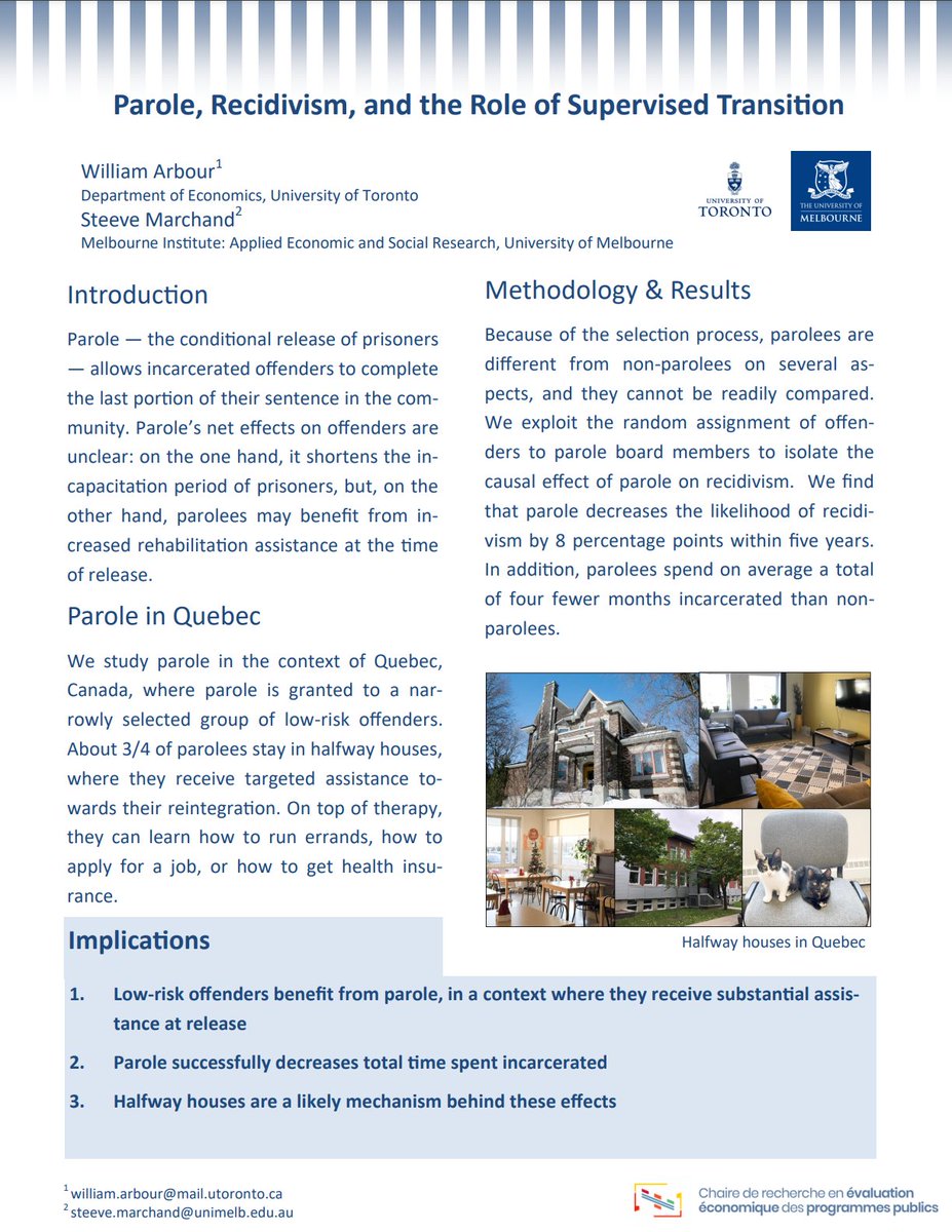 I am excited to introduce this new working paper coauthored with <a href="/marchand_steeve/">Steeve Marchand</a> on the causal effect of parole on recidivism. Short thread below. 

Full paper: economics.utoronto.ca/public/working… 
One-page policy brief: github.com/williamarbour/…