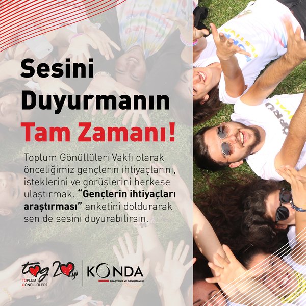 Toplum Gönüllüleri Vakfı olarak önceliğimiz gençlerin ihtiyaçlarını, isteklerini ve görüşlerini herkese ulaştırmak.

‘’Gençlerin ihtiyaçları araştırması’’ anketini doldurarak sen de sesini duyurabilirsin.

Anketi doldurmak için  👉 survey.konda.com.tr/view.php?id=14…

#HerZamanGenç