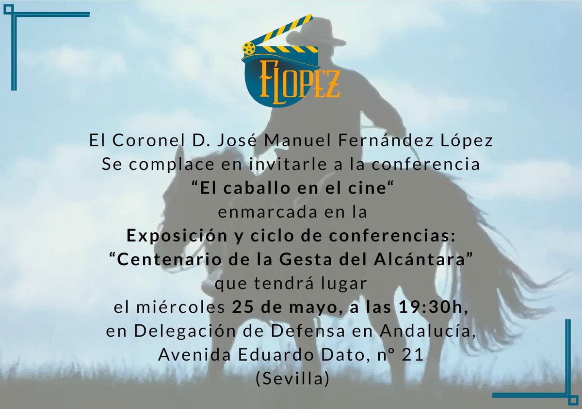 clbotaspuestas's tweet photo. Mañana, en Sevilla, conferencia del coronel Don José Manuel Fernández López. También se podrá ver en streaming.

https://t.co/WFhKo6LEPx 

#caballo #cine #ejercito #gestadealcantara https://t.co/LVVwpwiujq