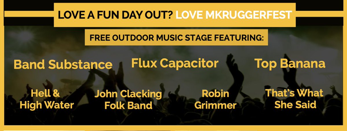We're delighted to be able to confirm the artists playing on our live music stage at this year's MKRUGGERFEST.

Who's excited?

#MKRUGGERFEST #LiveMusic #OutdoorStage #LiveBands #LocalMusic #Festival #AllDay