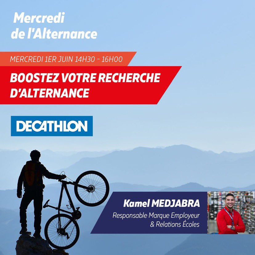 Les mercredi de l'alternance, c'est reparti ! 🚀

Cédric ARES aura le plaisir de recevoir <a href="/MEDJABRAK/">KAMEL MEDJABRA</a> , responsable marque employeur et relation écoles <a href="/Decathlon/">Decathlon</a> . 👨‍🏫

Rendez-vous mercredi 1er juin pour booster votre recherche d'alternance.📑