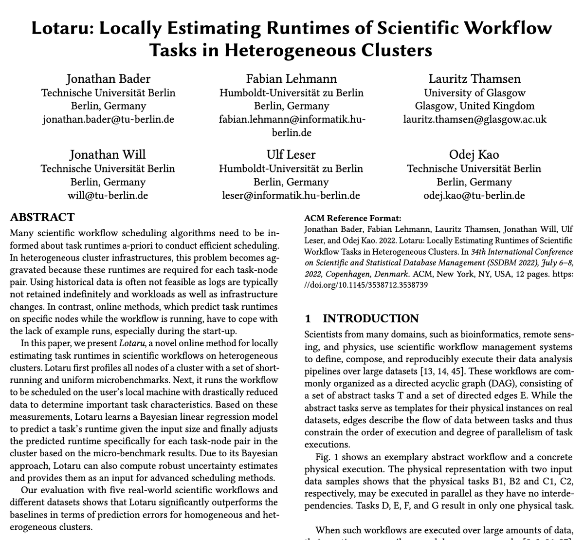lauritzthamsen's tweet photo. Happy to share a new paper out of the DFG CRC #FONDA, accepted at #SSDBM'22, presenting an approach for estimating runtimes of scientific workflow tasks on heterogeneous clusters after profiling individual workflows only on a scientist's laptop.
Preprint: https://t.co/MbDBPHPLGi https://t.co/Dj0NKg1vYx