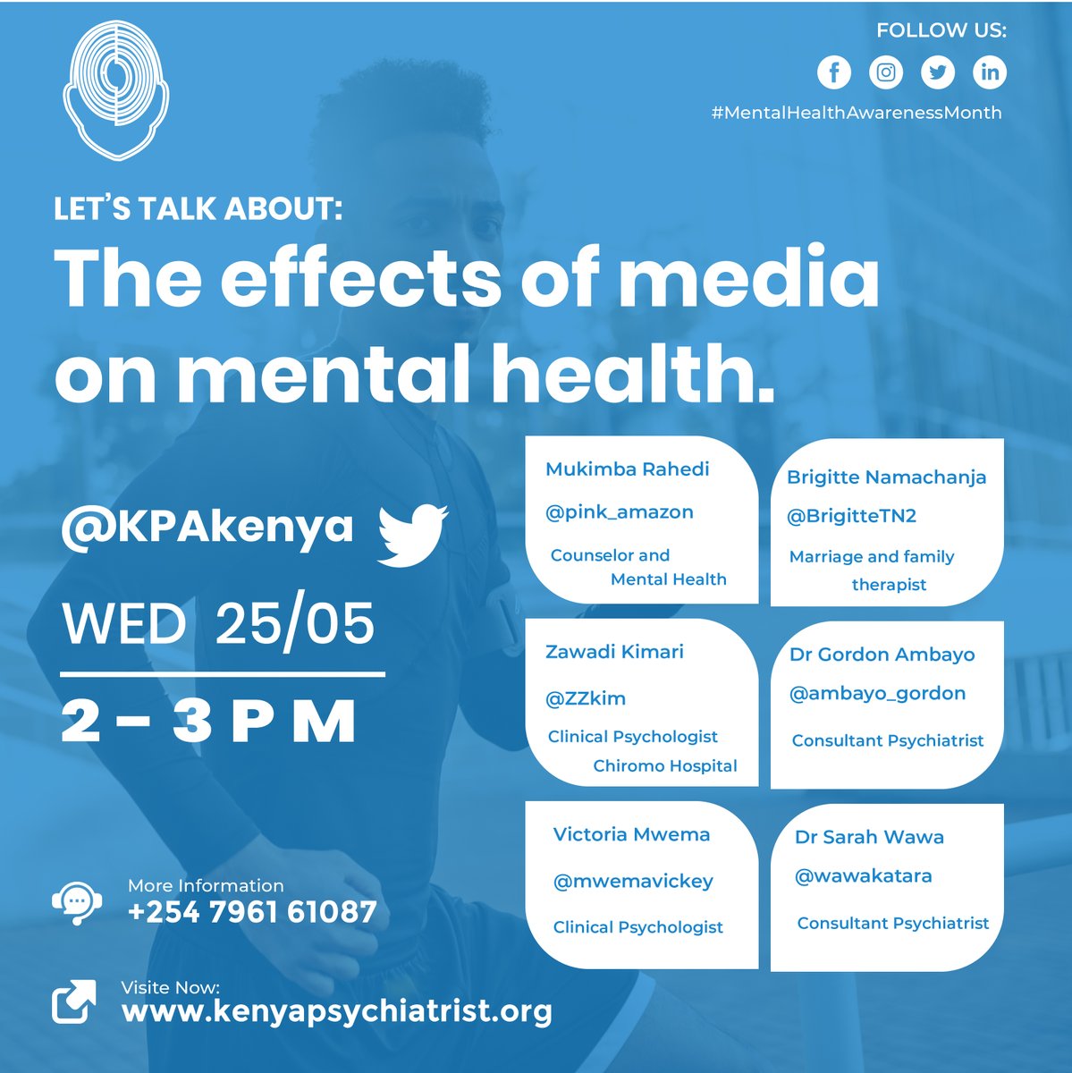 Hello everyone, this is week four of #mentalhealth254 awareness month. You're invited to join us at 2pm tomorrow for an hour-long interesting tweet chat on: The effects of media on #mentalhealth.  #MentalHealthAwareness 
#MentalHealthAwarenessWeek
Our moderator &amp; panelists today: