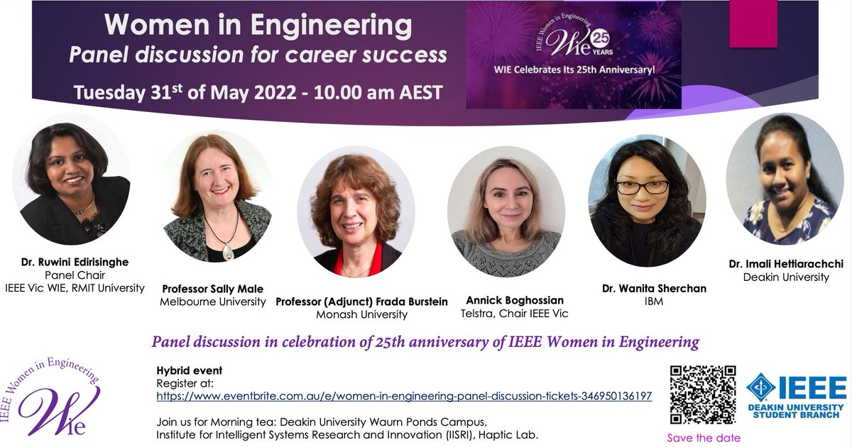 IEEE Women in Engineering Victorian Section (@ieeevicwie) on Twitter photo <a href="/IEEEVicWIE/">IEEE Women in Engineering Victorian Section</a> co-hosts panel discussion on Career success in celebration of 25th anniversary of IEEE WIE!
Date: 31/5/2022
Time: 10AM AEST
Venue: Hybrid
Join us for Morning tea: Deakin University, Waurn Ponds Campus
More information & registration (free) 👉lnkd.in/dE45a33h <a href="/IEEEVicWIE/">IEEE Women in Engineering Victorian Section</a> co-hosts panel discussion on Career success in celebration of 25th anniversary of IEEE WIE!
Date: 31/5/2022
Time: 10AM AEST
Venue: Hybrid
Join us for Morning tea: Deakin University, Waurn Ponds Campus
More information & registration (free) 👉lnkd.in/dE45a33h