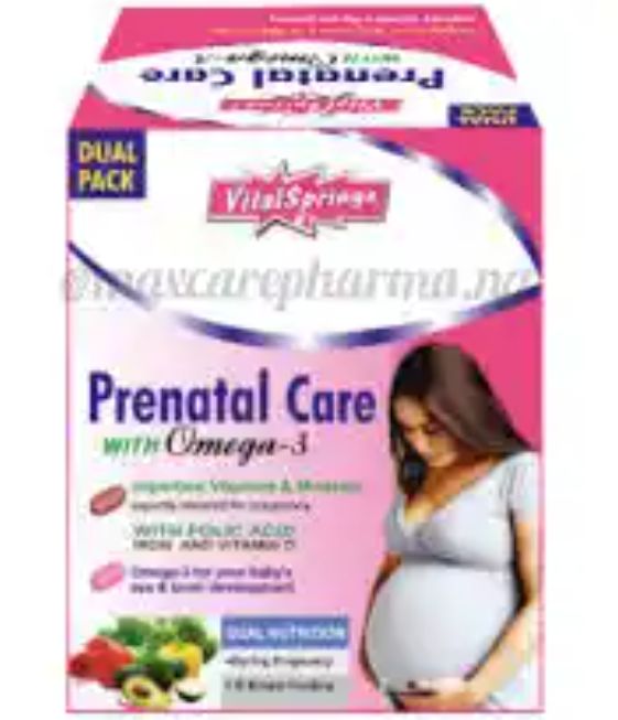 Vitalsprings prenantal care with omega 3 
important vitamins and minerals expertly blended for pregnancy
 
with folic acid iron and vitamin D

omega 3 for your baby development eye and brain development.

Place an order via our online drug store @ 
Mudospharma.com