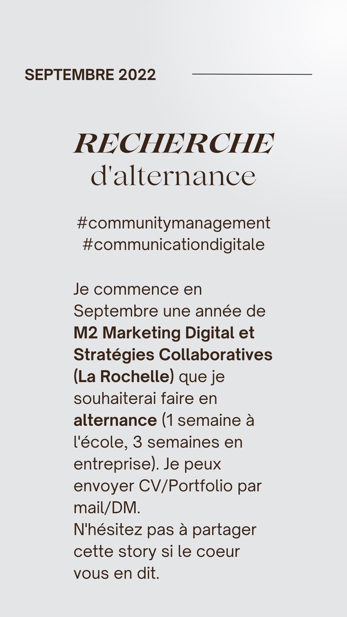Besoin d’un coup de main, les amis ! Je suis à la recherche d’une alternance en Charente-Maritime dans le domaine de la communication digitale/du community management pour septembre. Les RTs sont appréciés 💪🏼