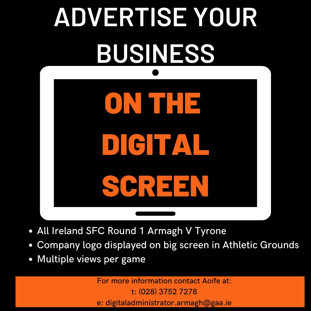 test Twitter Media - ADVERTISE YOUR BUSINESS ON THE DIGITAL SCREEN
All Ireland SFC Round 1 Armagh V Tyrone
Your company logo displayed on big screen in Athletic Grounds with multiple views per game. 
Contact us at (028) 3752 7278 or digitaladministrator.armagh@gaa.ie https://t.co/dm5eQfW4m4