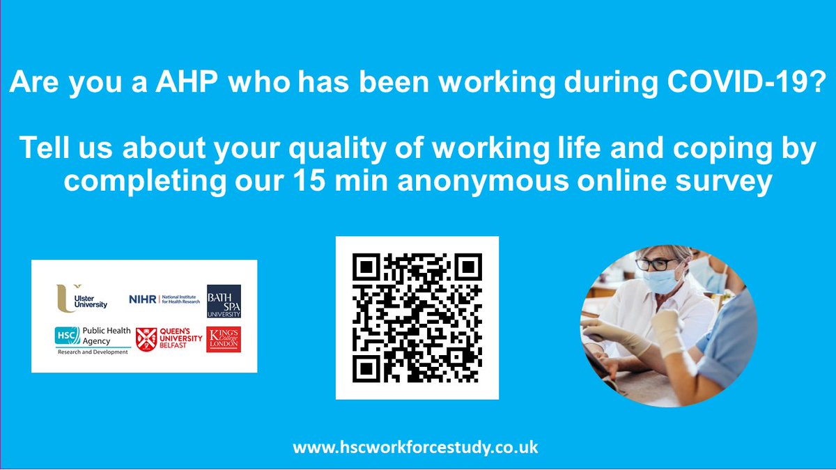 AHPs, we want to hear from you. Complete the latest HSC workforce survey and let us know your experiences working through COVID-19. ulsterhealth.eu.qualtrics.com/jfe/form/SV_2u… @ahpfni @Ahpscot @OfficialCAHPR @NESnmahp @WeAHPs @AHPFederation @CAHPRWestMids @DevonAHPFaculty @cornwall_ahps