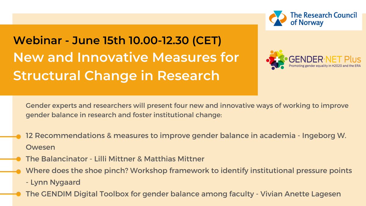 GENDER_NET_Plus's tweet photo. Join our webinar on new and #innovative #measures for #structuralchange in #research presented by #gender experts &amp; researchers - organized by our partner, The Research Council of Norway
📅June 15th 10h-12h30 (CET)
Register and check out the program here: https://t.co/nU5SEcYpuD https://t.co/DO4pY9OPtf