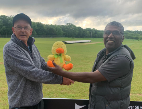 pembsseniors's tweet photo. A great day out with a great bunch of cricket "nuts" old men was sealed by the presentation of the "Silly old ducker of the day award". Here we have Rick Walton who held the award passing it on to Filgi Varghese. #greatfun #twowinners #greathonour #team https://t.co/1AkxHUfVsC