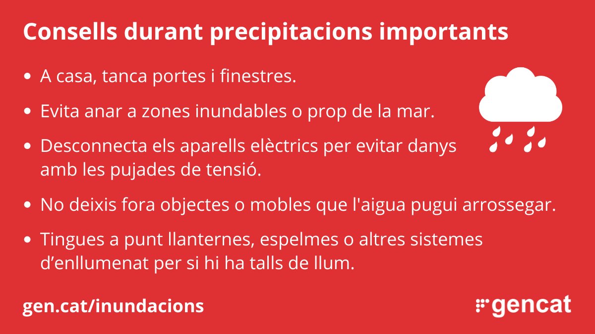 🌧 Durant les properes hores es preveuen pluges intenses a la meitat est i al terç sud de Catalunya. 

⚠️ Evita anar a zones inundables o prop del mar i extrema la prudència. gen.cat/inundacions

#INUNCAT