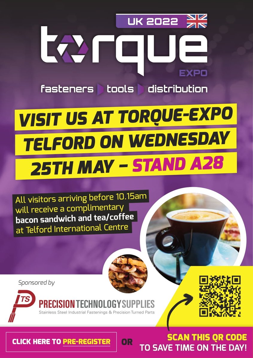 PTSstainless's tweet photo. Want to see us at Torque Expo Telford this Wednesday? Come visit us at stand A28. Arrive before 10:15 for a complimentary breakfast. 

See you there! 

#torqueexpo #Fasteners https://t.co/IXFoWHqmCt