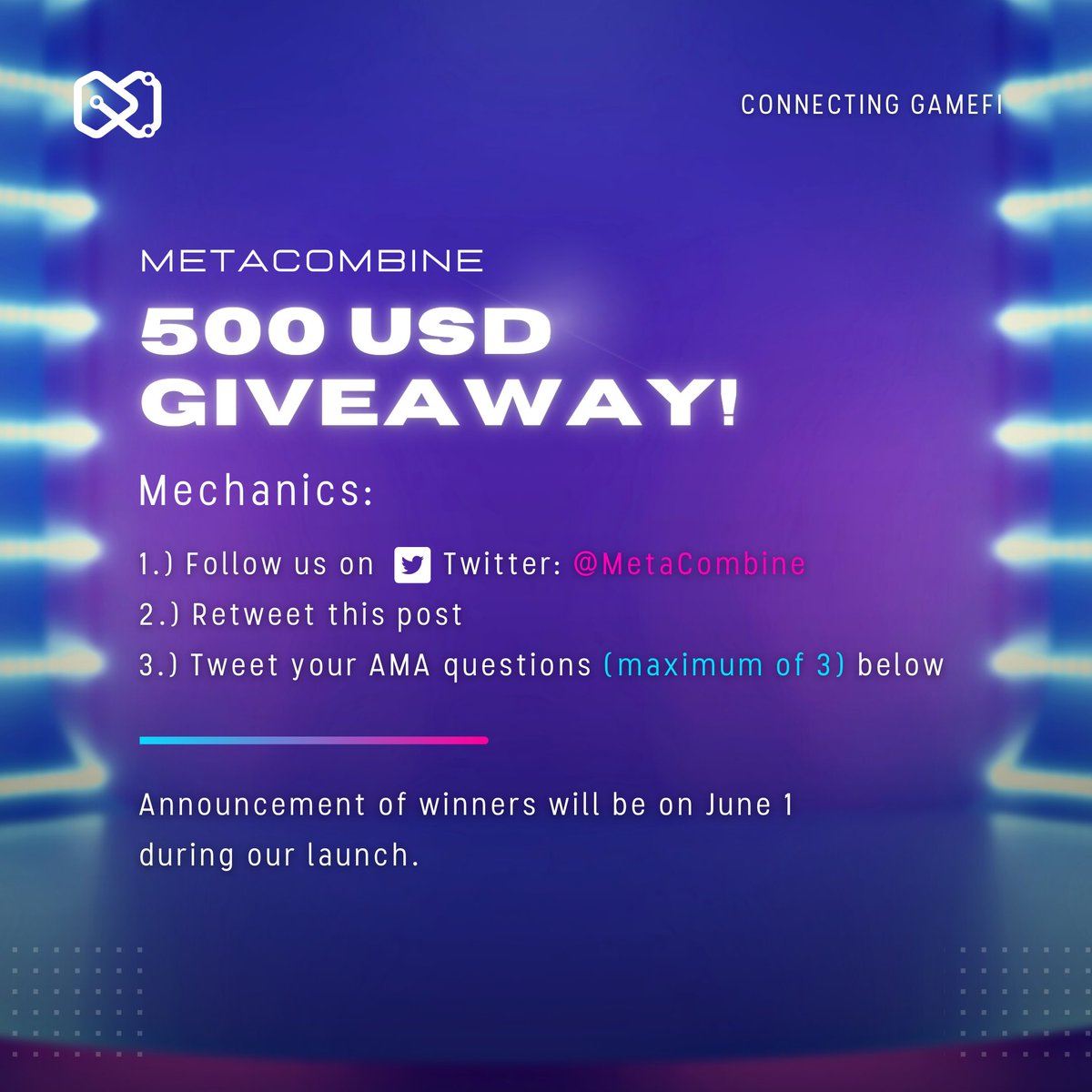 MetaCombine: Connecting GameFi (@metacombine) on Twitter photo METACOMBINE 500 USD GIVEAWAY! 🎉🤑
How to join: ⬇️
1.) Follow us on Twitter: <a href="/MetaCombine/">MetaCombine: Connecting GameFi</a>
2.) Retweet this post
3.) Tweet your AMA questions below
Announcement of winners will be on June 1 during our launch! ✨
#metaverse #nft #guild #blockchain #p2e #gaming #giveaway METACOMBINE 500 USD GIVEAWAY! 🎉🤑
How to join: ⬇️
1.) Follow us on Twitter: <a href="/MetaCombine/">MetaCombine: Connecting GameFi</a>
2.) Retweet this post
3.) Tweet your AMA questions below
Announcement of winners will be on June 1 during our launch! ✨
#metaverse #nft #guild #blockchain #p2e #gaming #giveaway