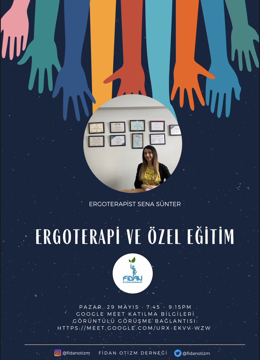 29.05.2022 tarihinde, saat 19.45’te Ergoterapist Sena Sünter ile düzenlediğimiz Ergoterapi ve Özel Eğitim adlı online programımıza konu hakkında bilgi edinmek isteyen ve sorusu olan herkesi bekliyoruz.