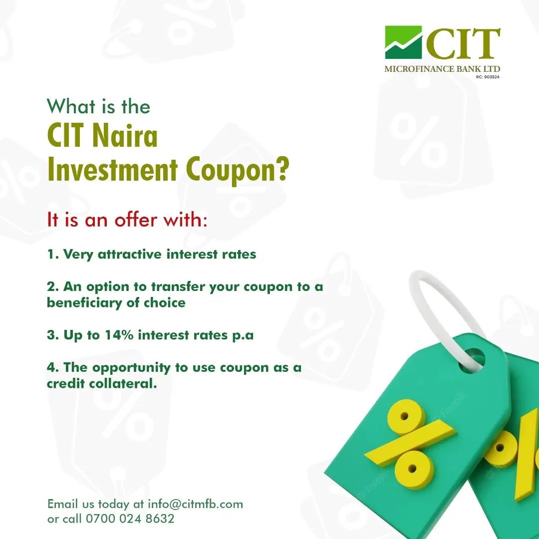 CIGL_connect's tweet photo. The CIT Naira Investment Coupon is an incredibly attractive opportunity with great short term yield, an accessible entry level and features that guarantee mobility and flexibility in your investment. Call us or visit our website today to get started
#NairaInvestmentCoupon #CITMFB https://t.co/OP3S1gpIXe