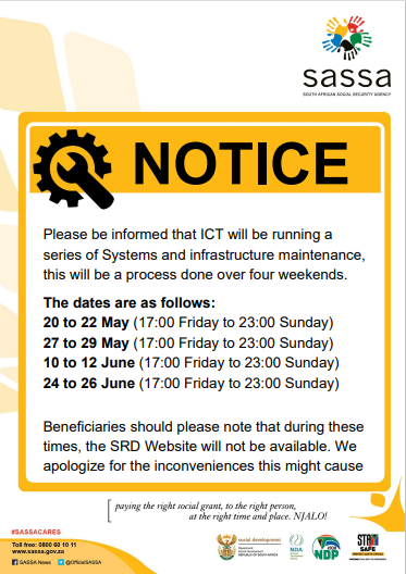 OfficialSASSA's tweet photo. Please be informed that ICT will be running a series of Systems and infrastructure maintenance, this will be a process done over four weekends. #SASSACARES @The_DSD @nda_rsa @GCISMedia @GovernmentZA https://t.co/morHedE6hi
