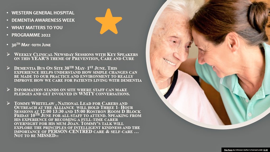 Lyndseydunn7's tweet photo. 🗣📢Calling all staff at the Western General Hospital. Check out what's happening across the site for Dementia Awareness Week &amp; What Matters to You Day 2022👍 @alzscot @WMTYScot @GeraldineMars11 @WghLothian @tommyNtour @DeirdreElphin6 @MACWGH @Siobhannp2 ⬇️🙌🌟 https://t.co/ZDix401s7S