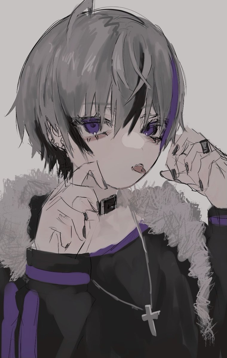 solo purple eyes jewelry tongue tongue out cross black nails  illustration images