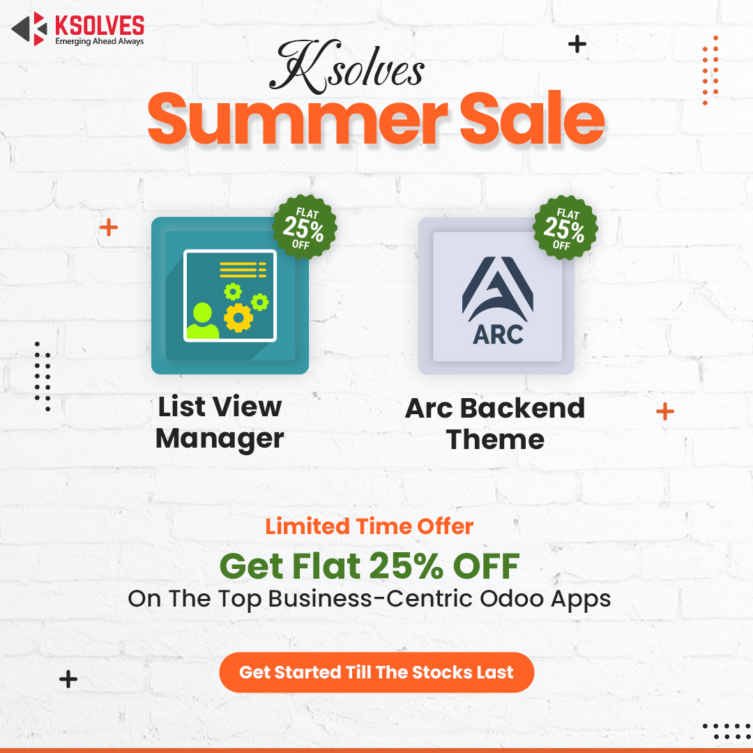 _Ksolves's tweet photo. Get ready to see the top-rated #OdooApps in action #ListViewManager & #ArcBackendTheme with a Flat 25% discount! Visit the links to know more:
Ksolves Store: https://t.co/Gn2OnKTZr9
Odoo Store: https://t.co/yO1LI6OPhD
#OdooSummerSale #ksolvesstore https://t.co/Cr1TvS7OZJ