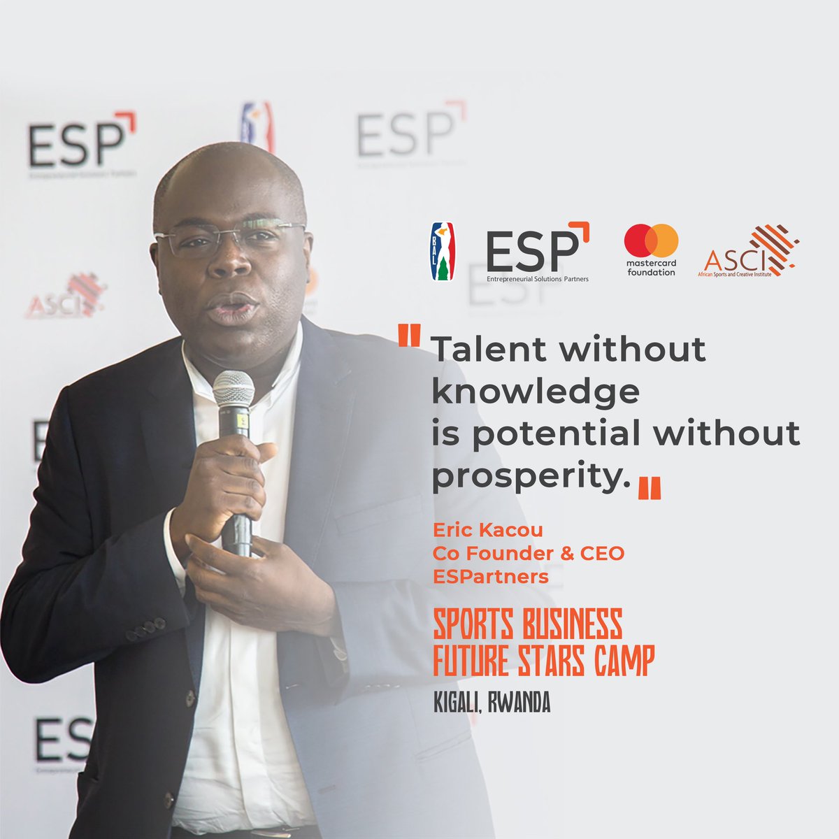 « Talent without knowledge is potential without prosperity » <a href="/eric_kacou/">Eric Kacou</a> speaking at the official launch of the Sports Business Future Stars Camp happening at Kigali Arena 
<a href="/MastercardFdn/">Mastercard Foundation</a> <a href="/theBAL/">Basketball Africa League</a>