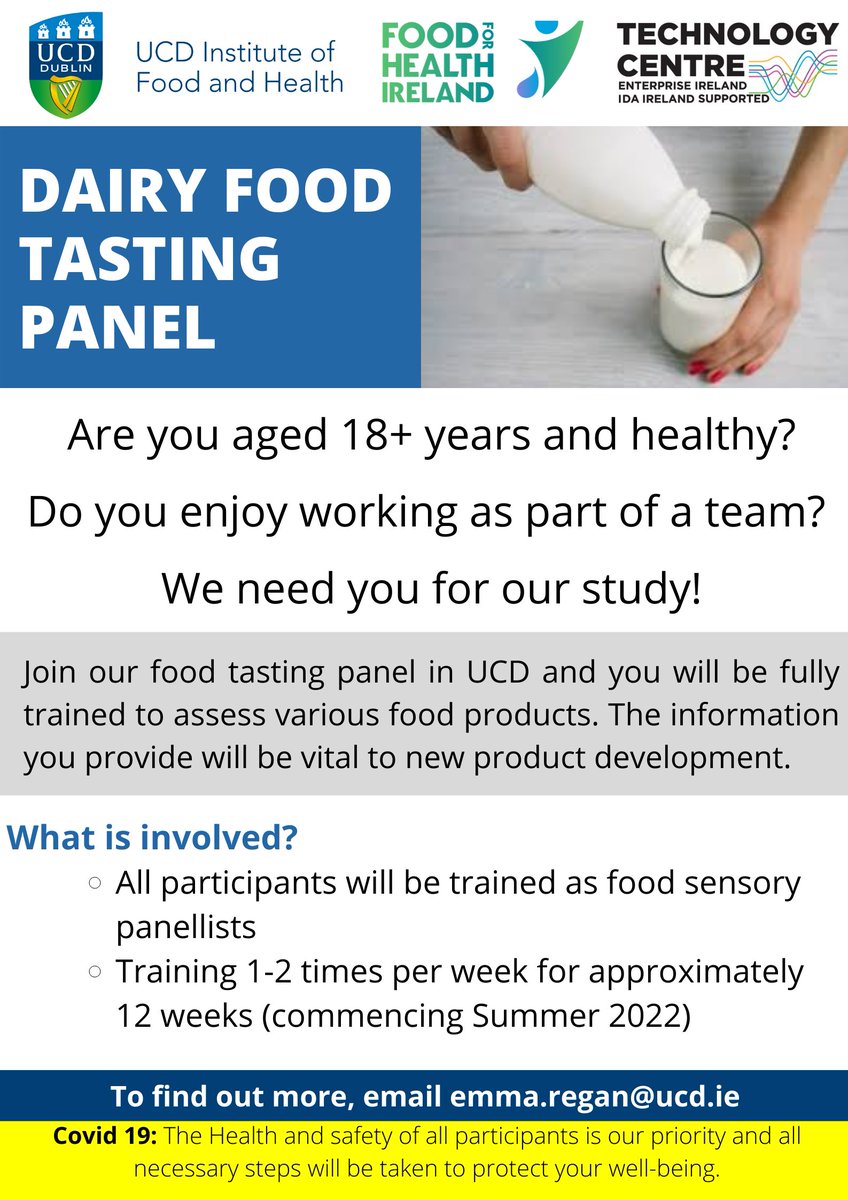 UCDFoodHealth's tweet photo. Are you interested in volunteering to join our Dairy Food Tasting Panel? Full training provided. If you're interested in volunteering, please contact Emma Regan: emma.regan@ucd.ie for more information. 
#volunteer #foodresearch #futurefoodstars https://t.co/6cWaUYrIAI