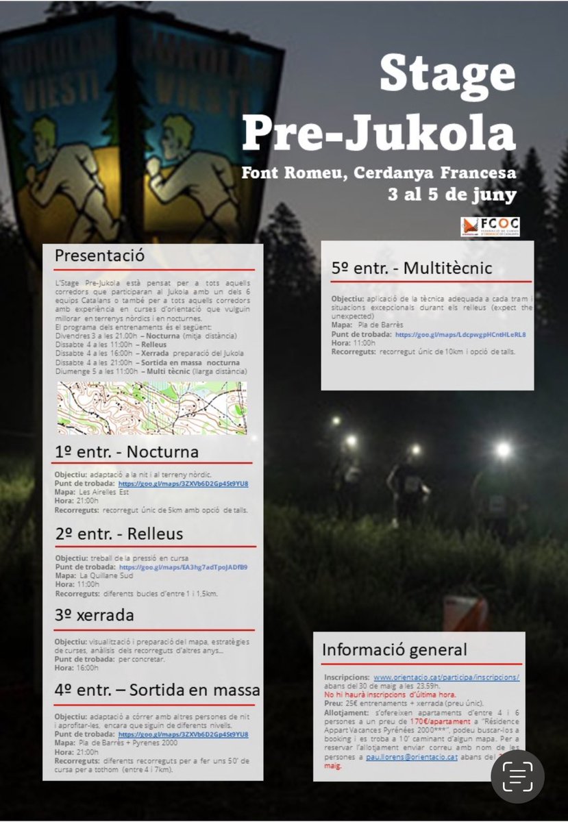 ❗️Camp d’entrenament a Font Romeu per a federats <a href="/orientacio_cat/">FCOC</a> 
📅 3, 4 i 5 de juny
✅Obert a tothom però enfocat a preparar l’edició d’enguany del Jukola (nivell alt)
👉🏽Inscripcions fins el 30 de maig
➕info a orientacio.cat