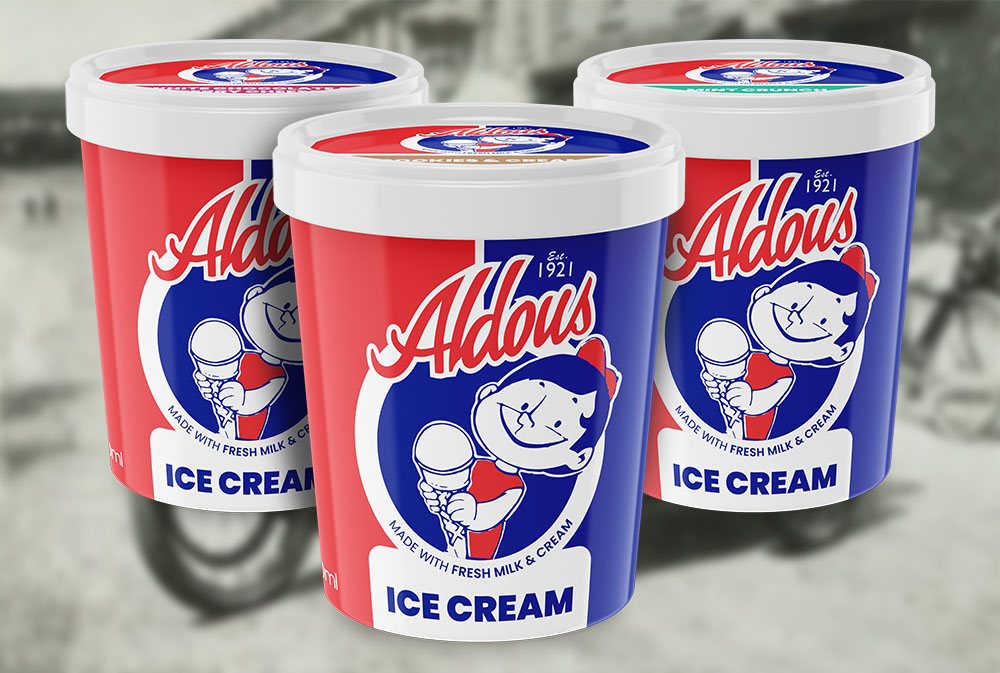 Really pleased to be able to reveal my design for <a href="/Lakenhamcream/">Lakenham Creamery</a> new Aldous Ice Cream tubs. The design balanced a fresh modern feel while utilising their existing brand heritage. #packagingdesign #graphicdesign #aldousicecream #lakenhamcreamery #buylocalnorfolk