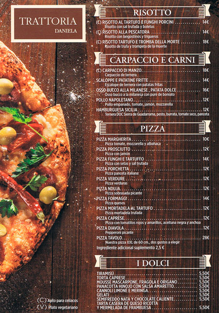 BeMoralzarzal's tweet photo. Te mostramos la #carta de #Trattoria Daniela. Disfruta de tu #restaurante de comida tradicional italiana en #Moralzarzal. #Pasta y #PastaFresca, #Ensaladas, #Risottos, #Carpaccios y carnes, #Pizzas, #Dulces. Con #bodega de #vinos españoles e italianos https://t.co/AlJQR7M9HU https://t.co/poUAlNRtA8