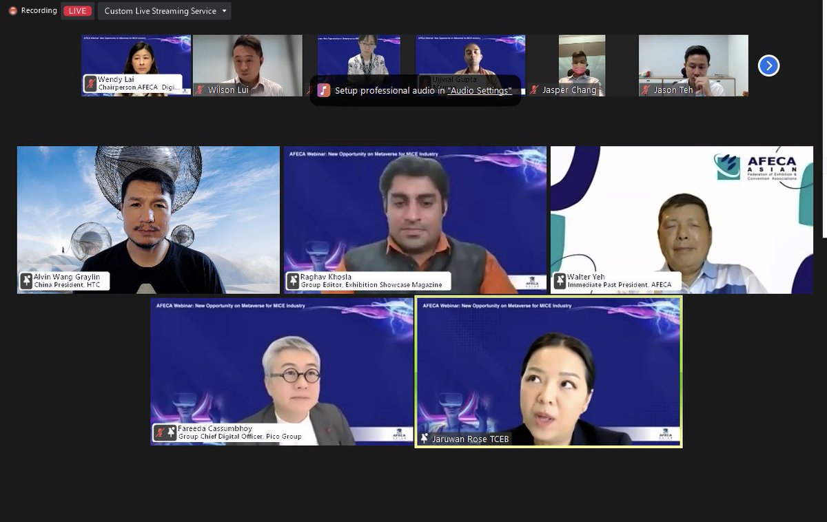 AGraylin's tweet photo. An honor to share the stage with some giants of the #MICE industry at today’s Asian Federation of Exhibition & Convention Associations (#AFECA) online event. Here’s a few slides from my keynote on applying #VR/#XR tech to virtual events in the #metaverse. https://t.co/yWZylZD3ld