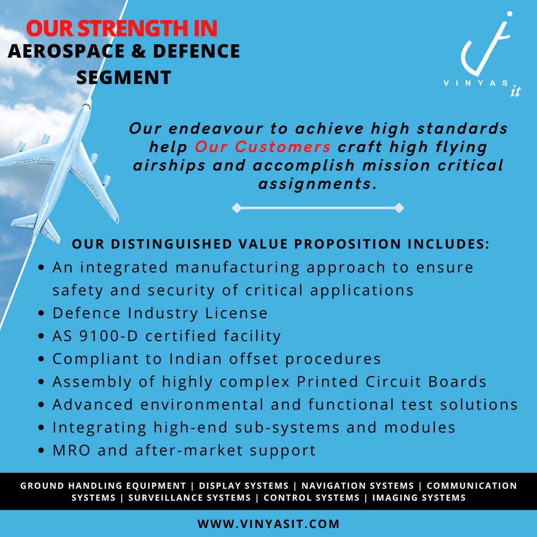 VinyasInnovati1's tweet photo. Vinyas has been partnering with OEMs of Aerospace &amp; Defence industry for over 2 decades &amp; is catering to mission-critical electronics manufacturing requirements and military supply chain needs. 
#VinyasInnovativeTechnologies #LeadingEMSinIndia #MarketSegments #Aerospace #Defence https://t.co/4iQ6I2pM54