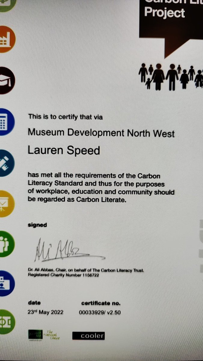 SpeedHeritage's tweet photo. Whoop, whoop! Received my #CarbonLiteracy certificate this morning 🌿 Thanks to the #RootsandBranches project &amp; my colleagues at @MuseumDevNW for na excellent training course. Looking forward to creating more #CLMuseums together! @Carbon_Literacy https://t.co/e6ZvJkmWGv