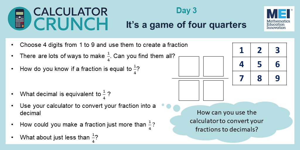 MEIMaths's tweet photo. Day 3 of #CalculatorCrunch!

It's time for a game of four quarters! https://t.co/jOaGhTVfoK