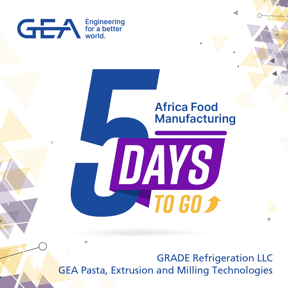 gea_grade's tweet photo. Only 5 DAYS TO GO until the Africa Food Manufacturing Exhibition in Cairo, Egypt!
We will be exhibiting along with GEA Pasta, Extrusion and Milling Technologies at booth D-20 in Hall 1 from May 29th – 31st.
We can’t wait to see you all. https://t.co/FoubI4KXbT
