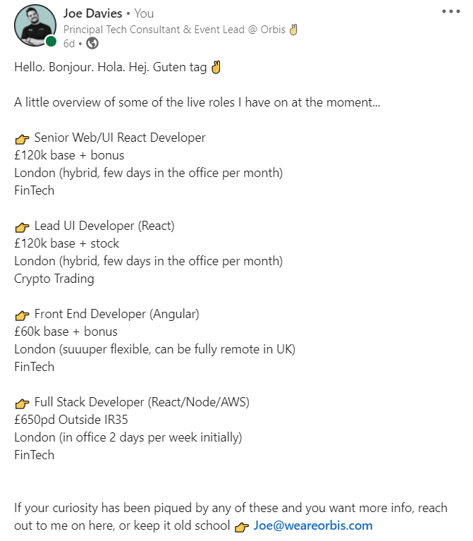 Orbis_Joe's tweet photo. I'm #hiring in London and have multiple Front End roles based in the UK.

These are just a few. Please RT and tag anyone you know 

#React #angular #javascript #jobs #london #FrontEndDeveloper #100daysofcodechallenge https://t.co/PTGxHfTZOb