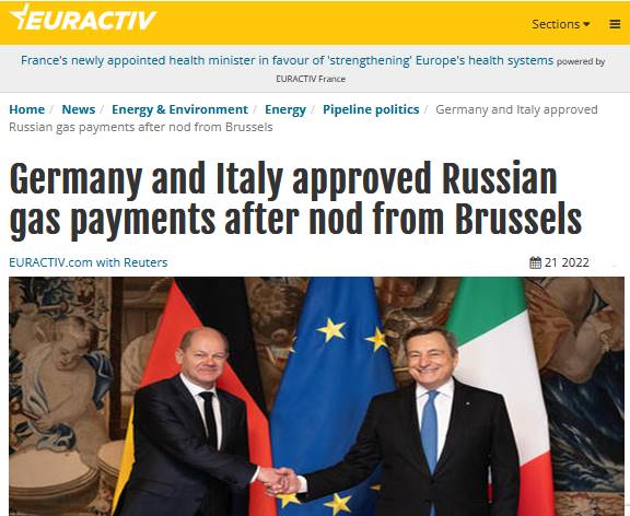 Dispropoganda's tweet photo. Germany &amp; Italy opened rouble accounts to keep buying Russian gas, despite the EU "sanctions", backstabbing not only Ukraine, but also countries like Poland &amp; Lithuania who refused to pay in roubles.

EU "rules" seem to apply only to specific members of the EU, but not all. https://t.co/kkc3vXeg3r