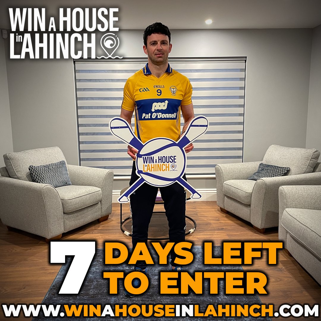 There are now 7 days left until our <a href="/GaaClare/">Clare Gaa</a> #WinAHouseInLahinch draw takes place!

Do you have the winning ticket? 🎫 For the chance to win a brand new 4-bed house in Lahinch, or one of our other great prizes, in the draw on 31st May get a ticket here 👉🏼 winahouseinlahinch.com