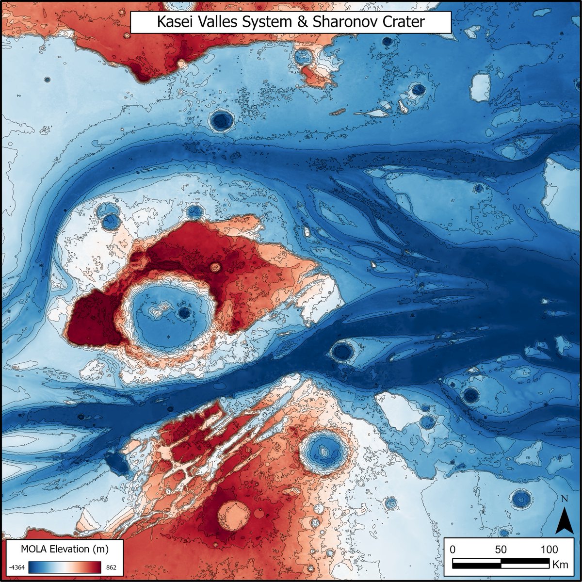 CryoGray's tweet photo. May's Procrastination Map is one of the largest outflow channel systems on Mars, Kasei Valles. This giant system of canyons is ~1580km long, possible formed by multiple flooding events. I used 250m contours.
🛰️#Mars #MarsGeology #MarsMapping #Geology #MOLA #ArcGIS #ESRI #phdlife https://t.co/NMqCn5r2Rc