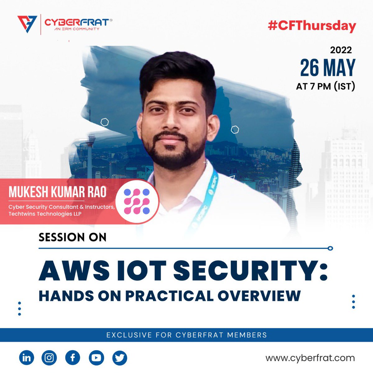 CyberFrat's tweet photo. Join us for the upcoming CF Thursday session on 'AWS IOT Security: Hands-on Practical Overview' with Mukesh Kumar Rao

Date: May 26, 2022
Time: 7pm to 8pm IST
(Exclusively for Cyberfrat Members)

#security #cybersecurity #cyberfrat #AWS #IOT #cfthursday #alert #risk #thursday https://t.co/F6fW3OByG1