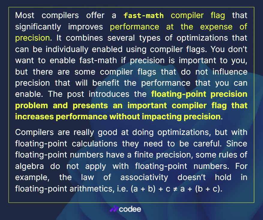codee_com's tweet photo. #CodeePerformanceTip: Does your computation need to be both precise and fast?
๐ From our blog about how to improve the performance of your computations without affecting the speed: https://t.co/EEpRrttm7b https://t.co/FKAGdXJy0o