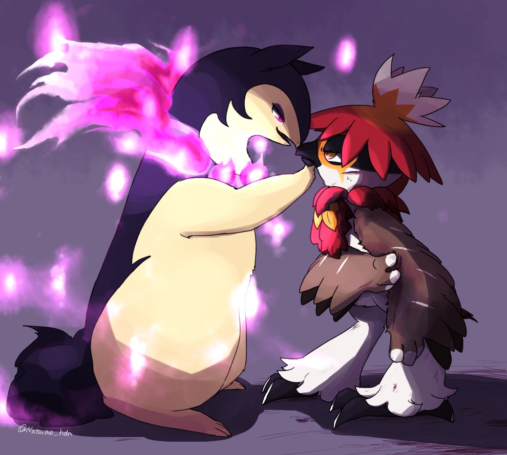 pokemon (creature) no humans bird purple fire fire standing looking at another  illustration images