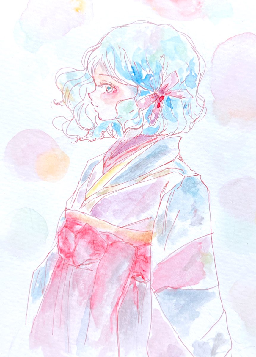 1girl solo japanese clothes watercolor (medium) traditional media kimono profile  illustration images