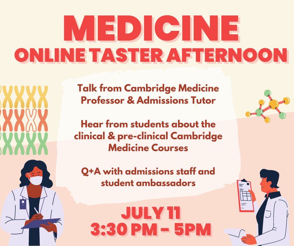We're hosting an online Medicine taster session on the 11th of July, open to anyone thinking of applying for Medicine in October! Sign up here - caths.cam.ac.uk/yr12&13 #cambridge #medicine