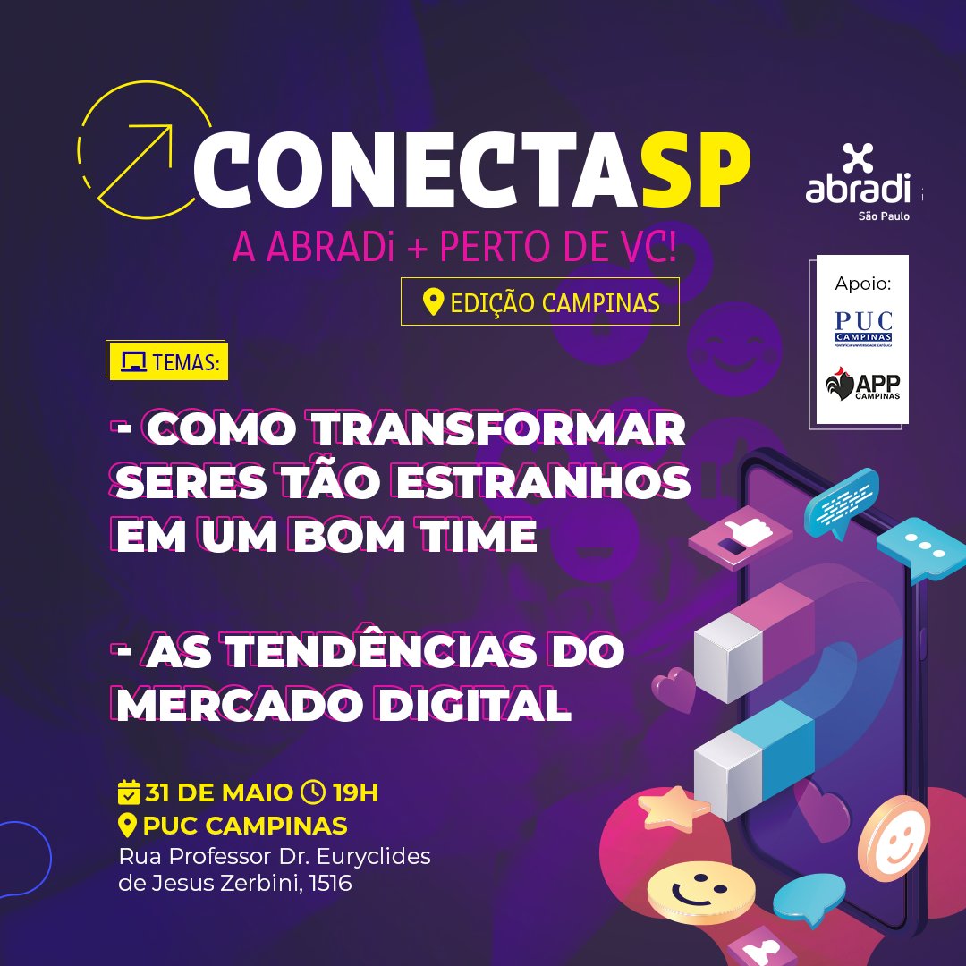 abradi_sp's tweet photo. Em mais um encontro no interior de São Paulo, agora em parceria com @appcampinas e a @puccampinas. a Regional São Paulo realizará o Conecta SP na cidade de Campinas. 

Dia 31 de maio às 19h.  

Local: Puc Campinas Campus I

Inscreva-se: https://t.co/j8j0bf21T4 https://t.co/uA3uzt0Te4