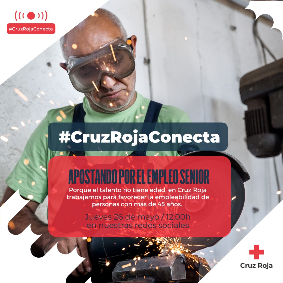 CruzRojaEsp's tweet photo. [#CruzRojaCONECTA]▶️

El talento no tiene edad, y eso lo sabemos perfectamente gracias a los planes de @CruzRoja_Empleo.

Este jueves, a las 12h., CONECTAMOS para mostrarte cómo aunar talento y experiencia desarrollando la empleabilidad de las personas mayores de 45 años. https://t.co/JRcd46pEPo