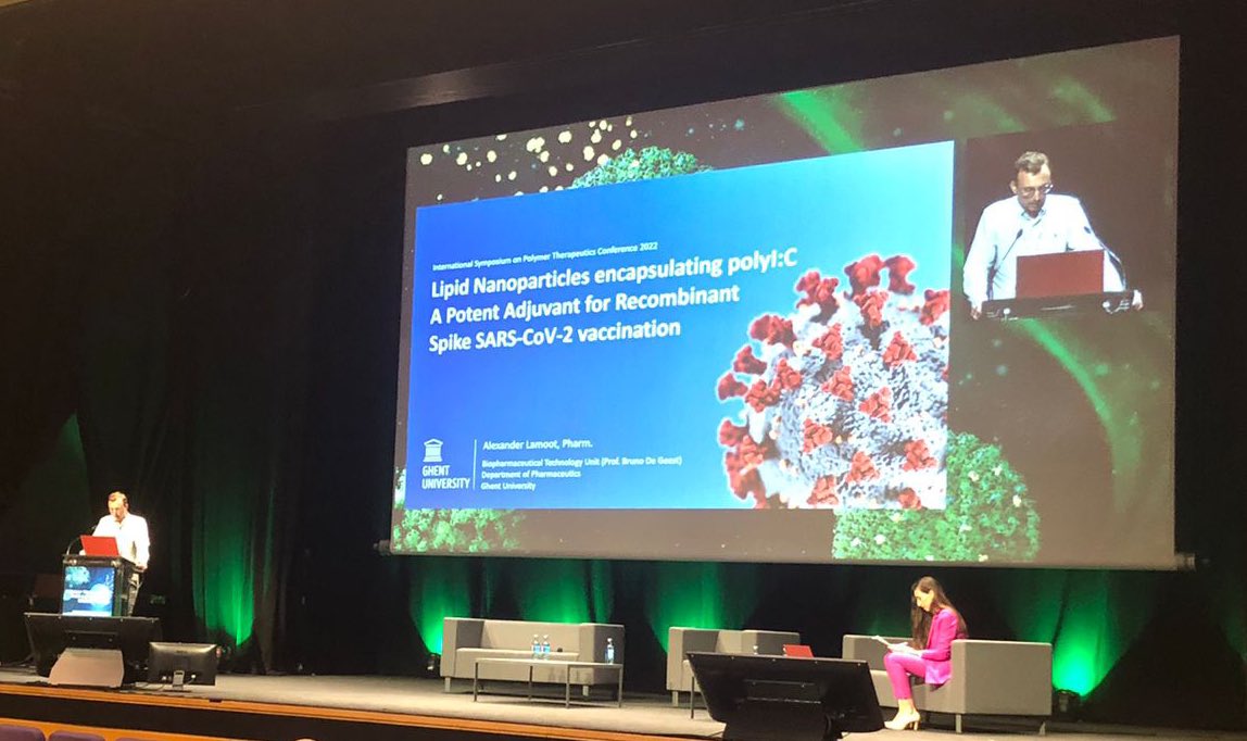 bruno_de_geest's tweet photo. Like a boss! Alexander Lamoot talking about adjuvant work from my lab in collaboration with @mschotsaert lab #ISPT2022 https://t.co/5jpZKlrprg