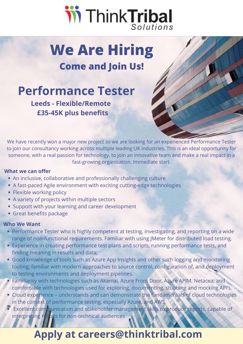 ThinkTribal's tweet image. We are #hiring

We are looking for an experienced Performance Tester to join our rapidly expanding consultancy.

apply at careers@thinktribal.com

#performancetester #testerjobs #leedsjobs #careers