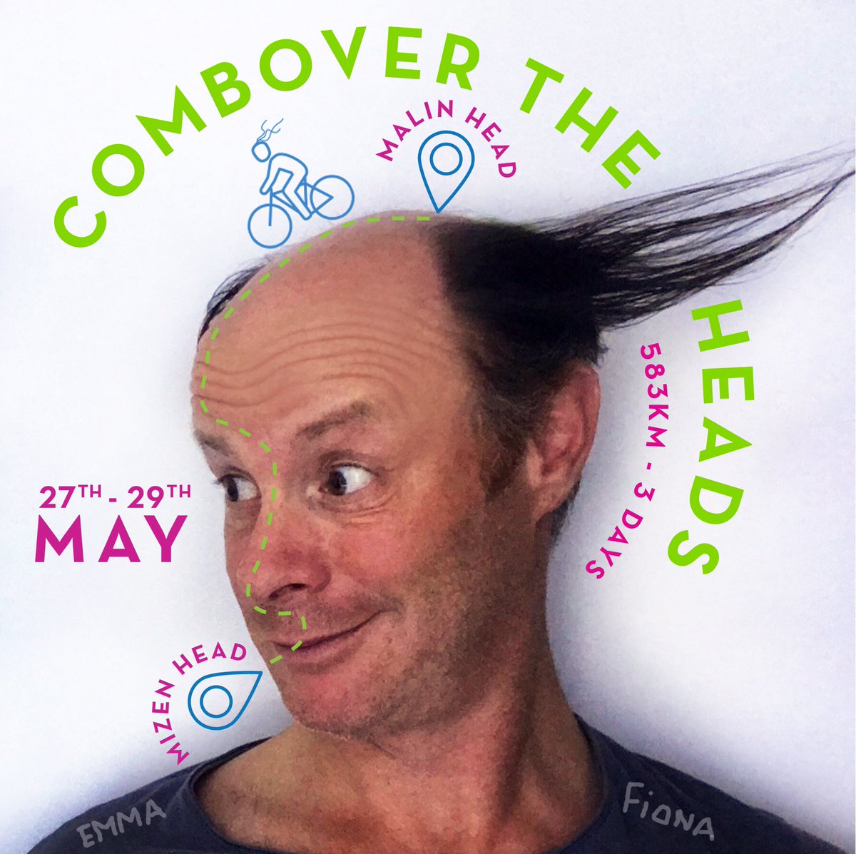 CombOverFC's tweet photo. Comb Over The Heads! 

The finish-line is close, I’m ending my 2.5 year fundraising campaign for cancer with a 3-day cycle from Malin Head to Mizen Head. 583km in 3 days - Ireland’s most northerly point to its most southerly.
🚴🏻🚴🏻🚴🏻

#CombOverForCancer https://t.co/ECd1EmVTzj